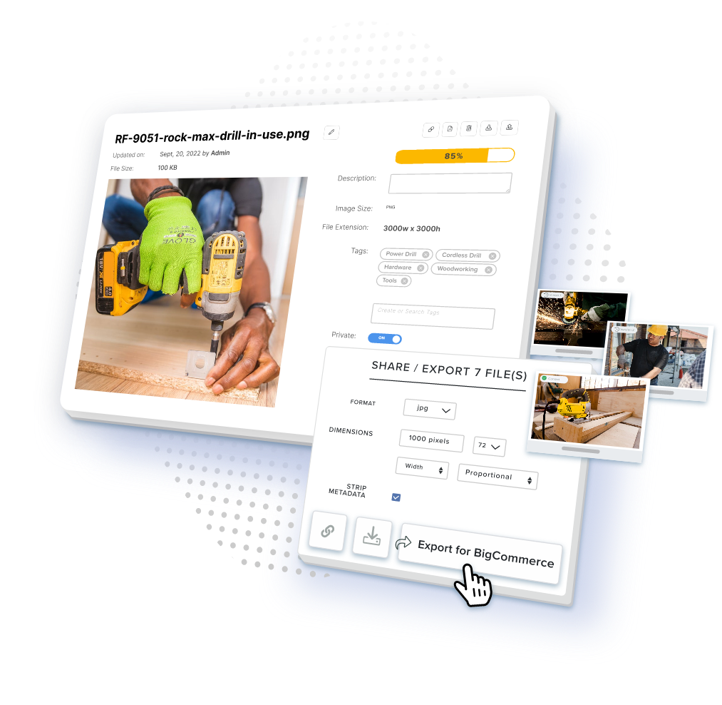 Catsy DAM full asset view exporting product content to a BigCommerce channel template