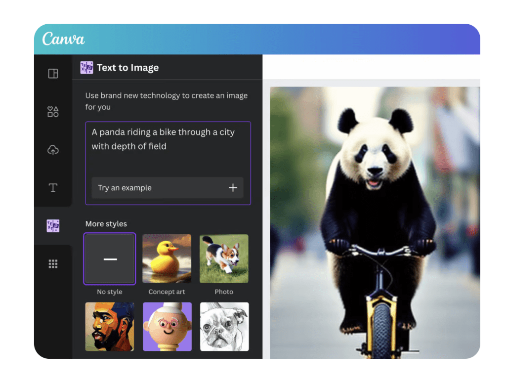 A panda riding a bicycle, image created using Canva's new AI text to image feature