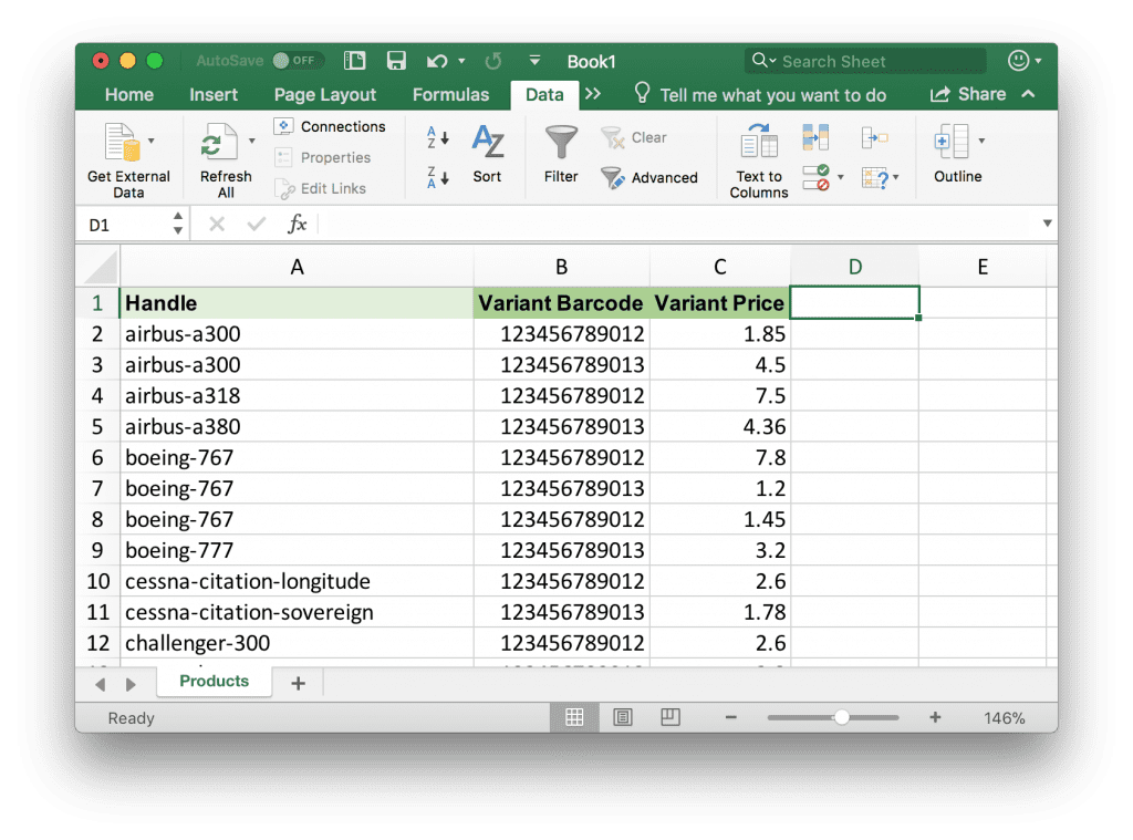 Spreadsheet showing how to update pricing on Shopify