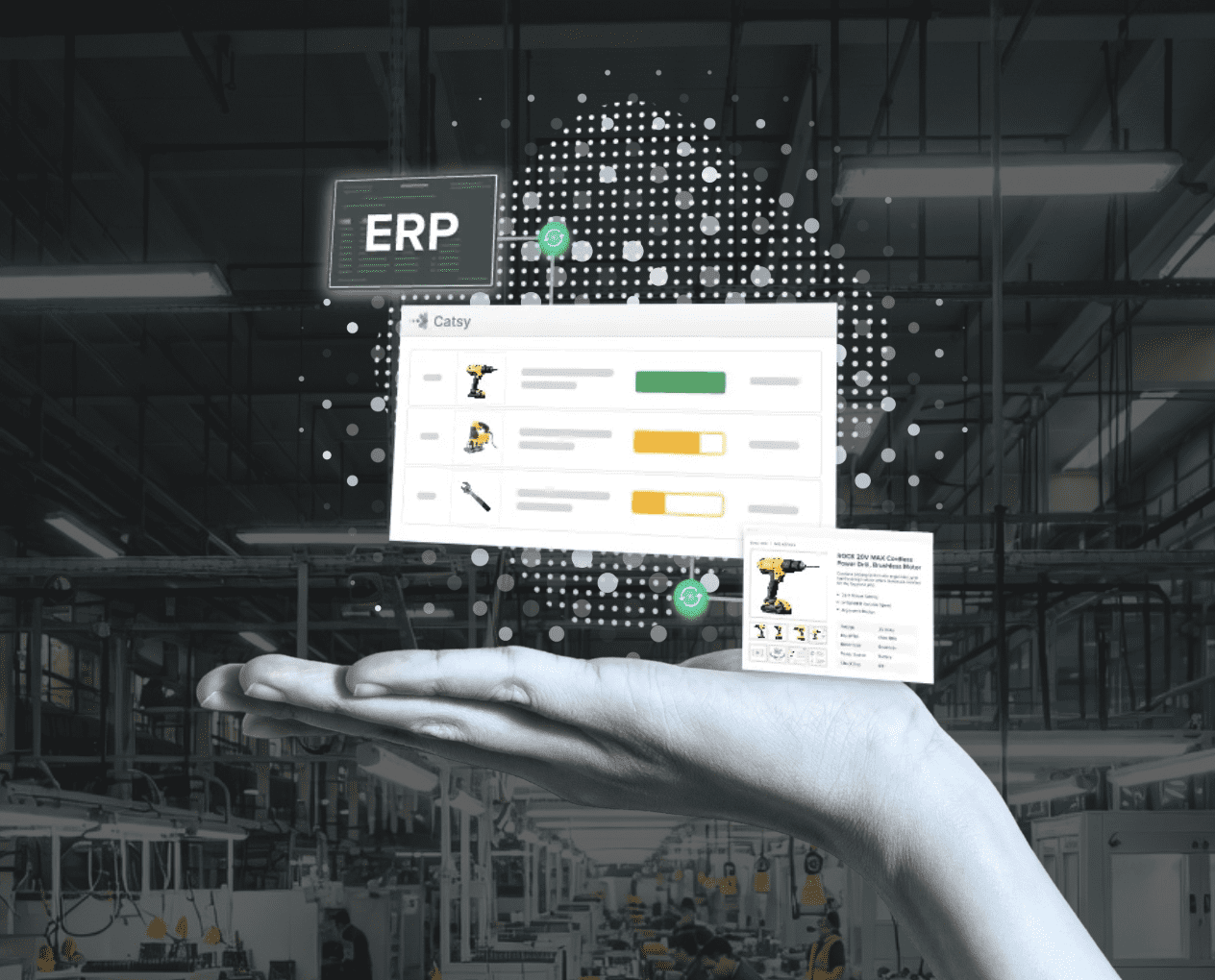 Data flow diagram showing an industrial ERP system connected to a PIM system, then syndicating to storefronts and distributor channels