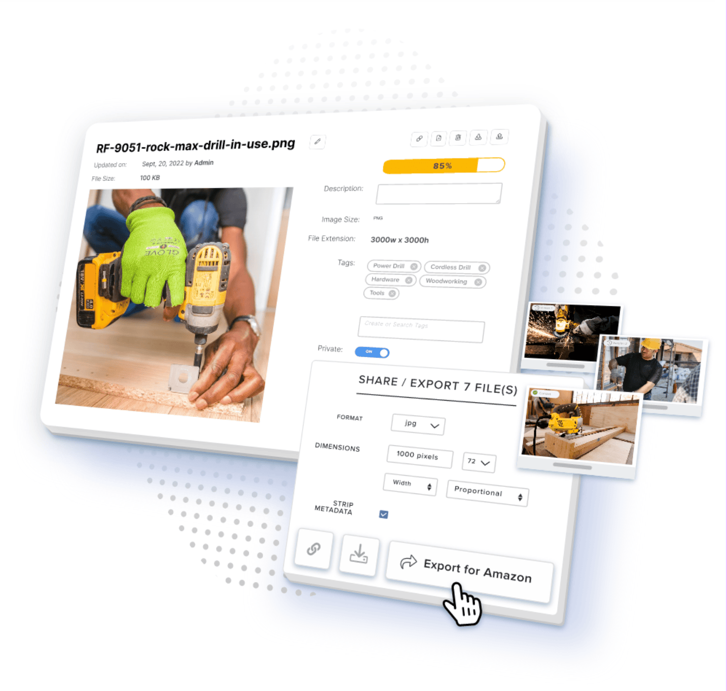 Digital asset management interface for sharing and exporting approved product images for Amazon