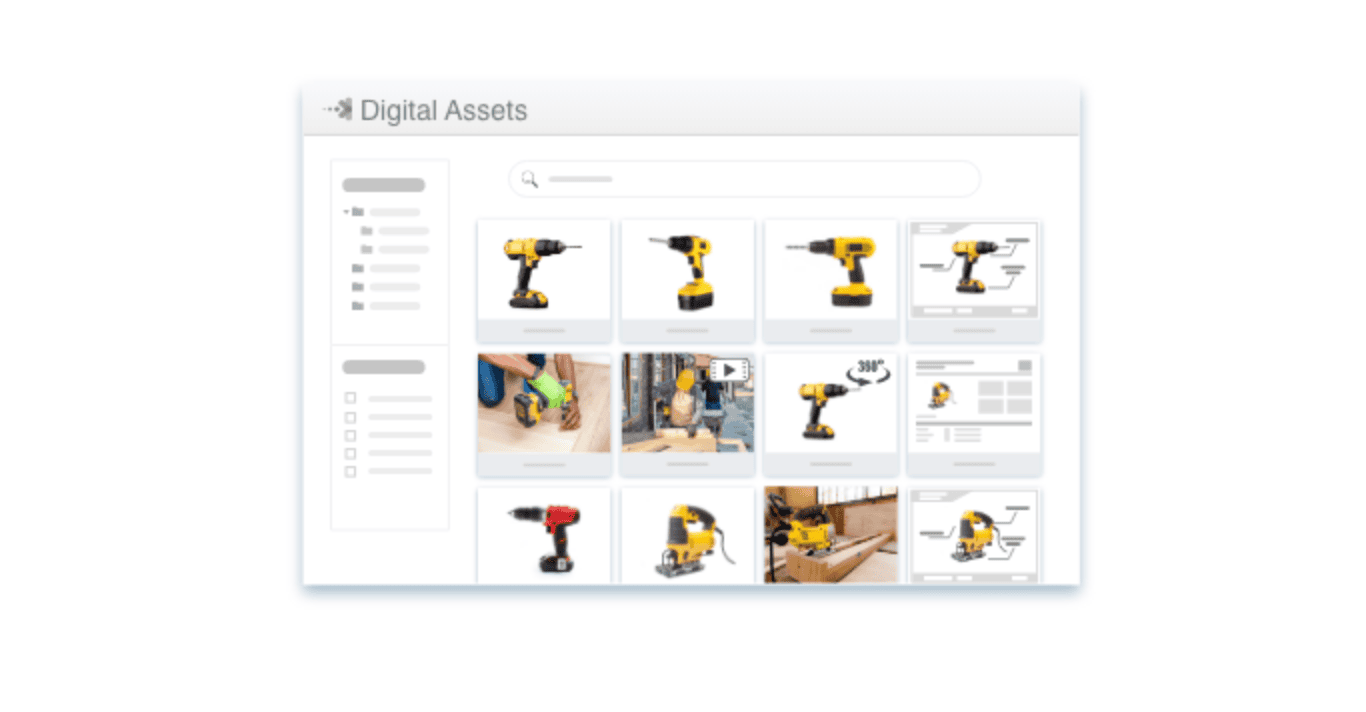Digital asset management library organizing product images, videos, 360-degree assets and digital media