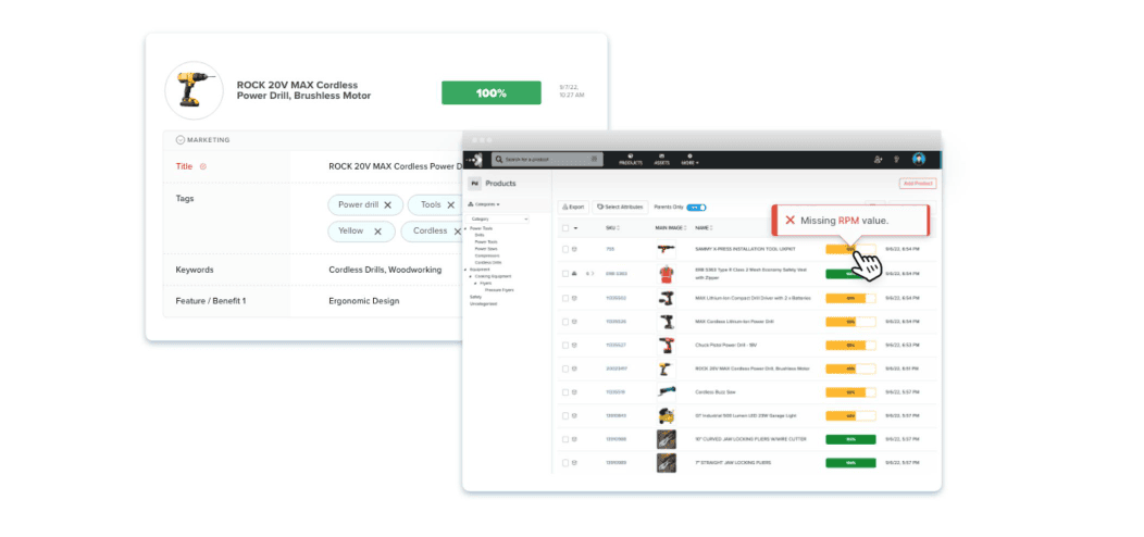 Product information and asset completeness interface identifying missing product metadata values