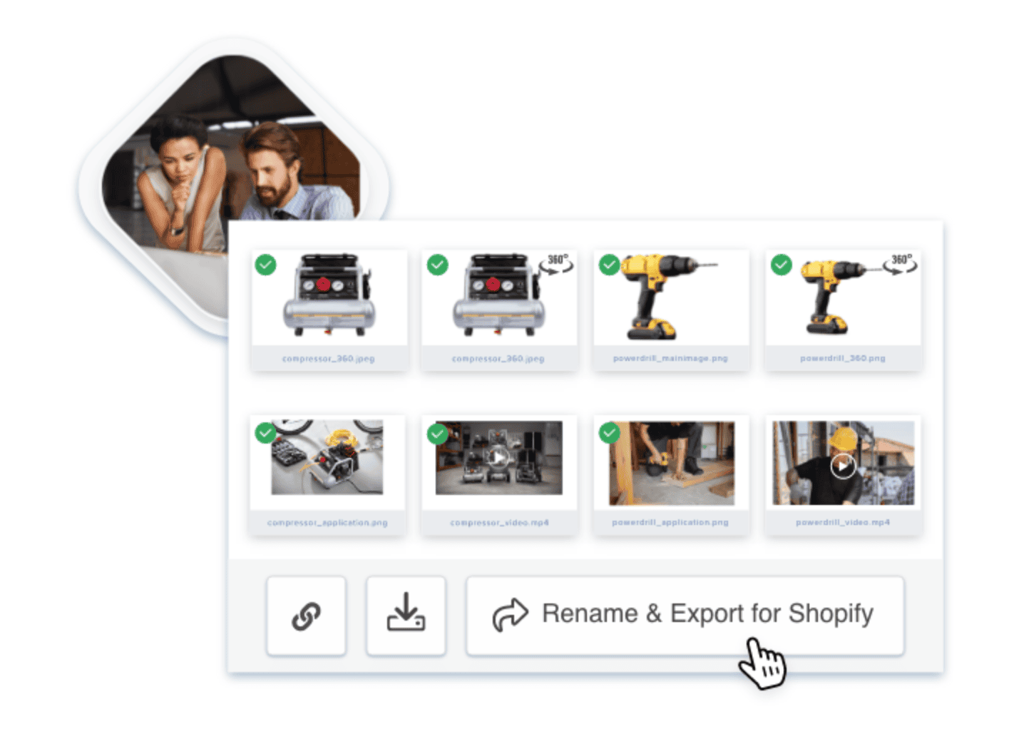 Digital asset workflow for renaming and exporting approved product assets to Shopify