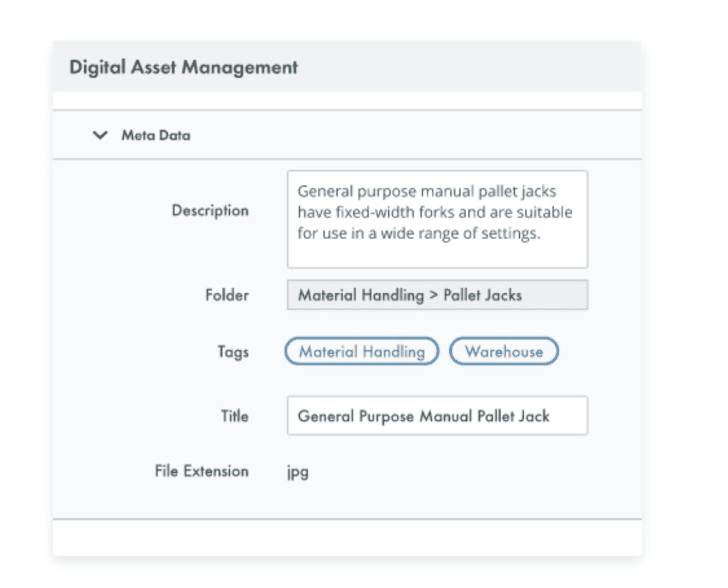 Digital asset management metadata fields showing description, folder, tags, title and file extension