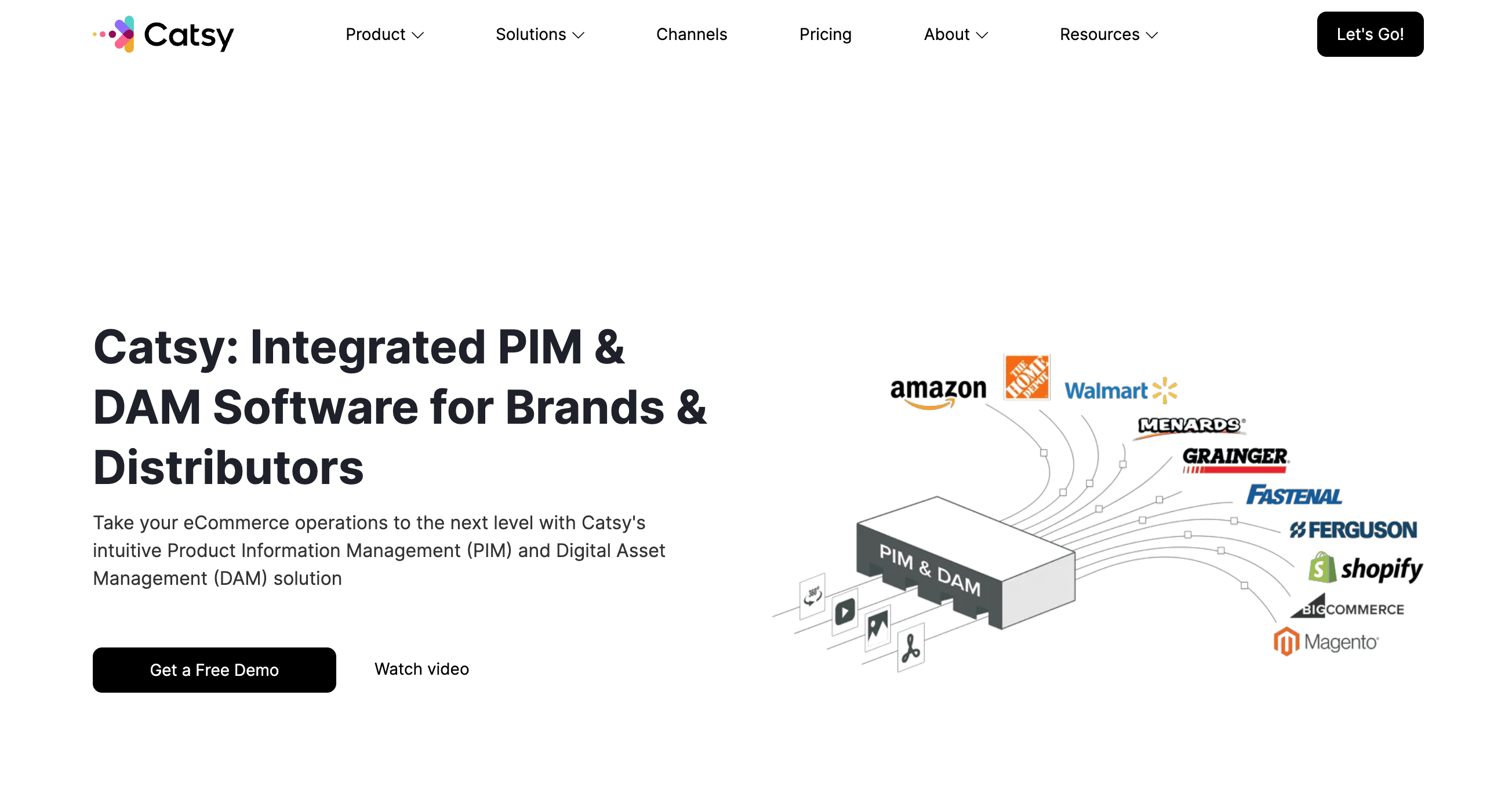 Catsy integrated PIM and DAM platform syndicating product data to Amazon, Walmart, Shopify, Grainger, Fastenal and other retail channels